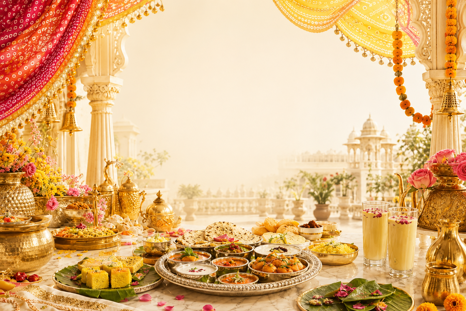 Narayanam royal Indian wedding banquet in a sunlit palace courtyard